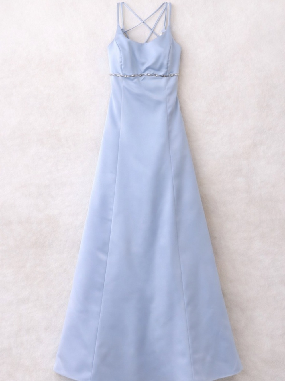 Light Blue Satin Formal Gown Rhinestone Detail Criss Cross Back Prom Dress Sz 8